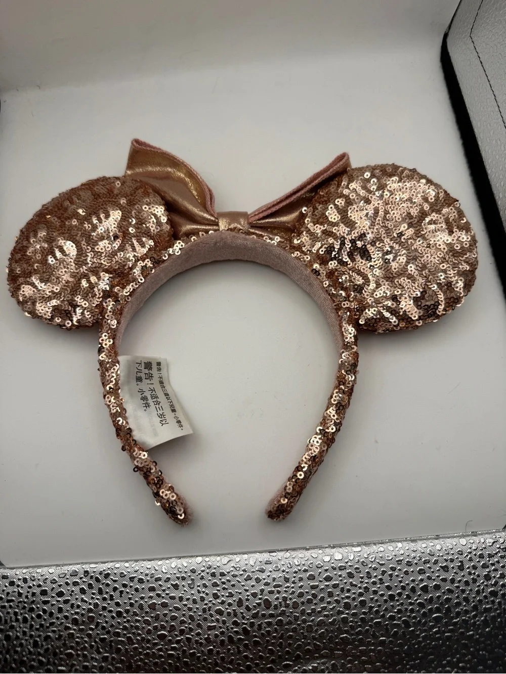 Disney Rose Gold Sequin Minnie Ear Headband with Metallic Bow